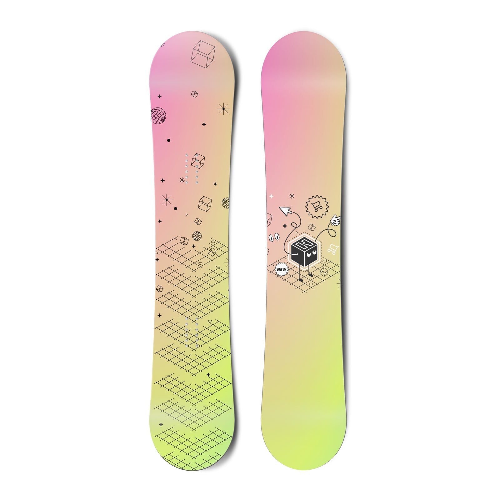 Top and bottom view of a snowboard. The top view shows an illustration with varied outlined shapes in black. The bottom view shows a black box character with an H pointing, and surrounded by black outlined illustrative elements.